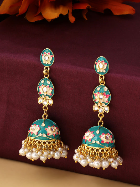 NVR Gold Plated Blue Kundan & Pearls Studded Handpainted Meenakari Jhumkas