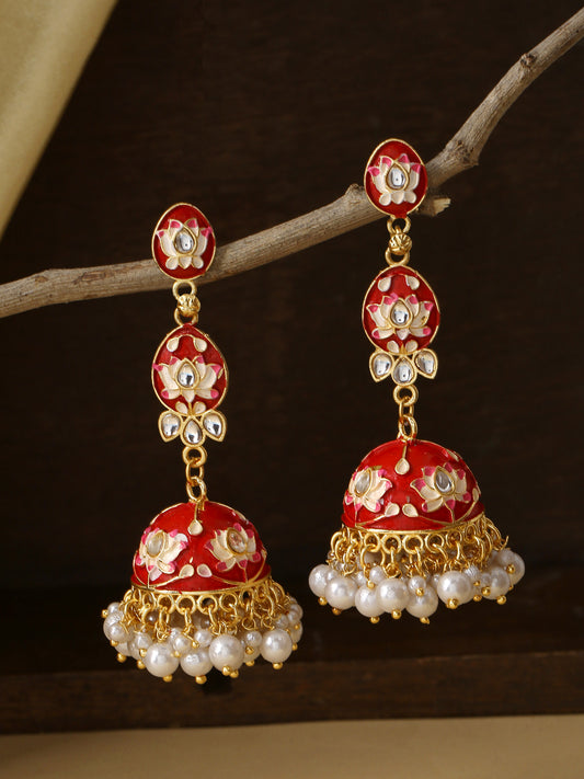 NVR Gold Plated red Kundan & Pearls Studded Handpainted Meenakari Jhumkas
