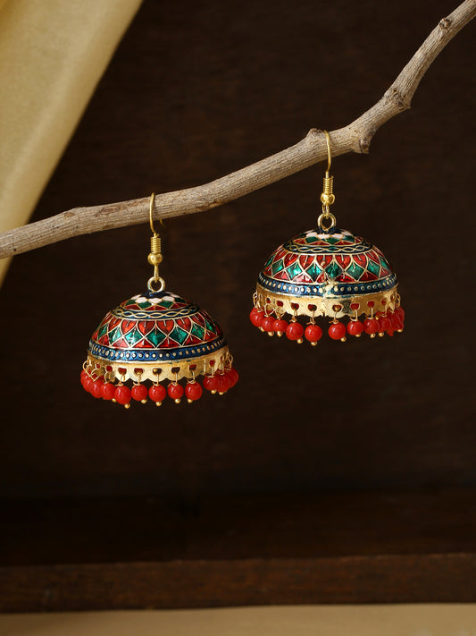 NVR Gold Plated Multi Meenakari Dome Shaped Jhumkas