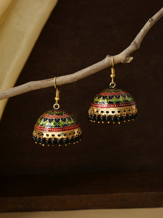 NVR Gold Plated Black Meenakari Dome Shaped Jhumkas