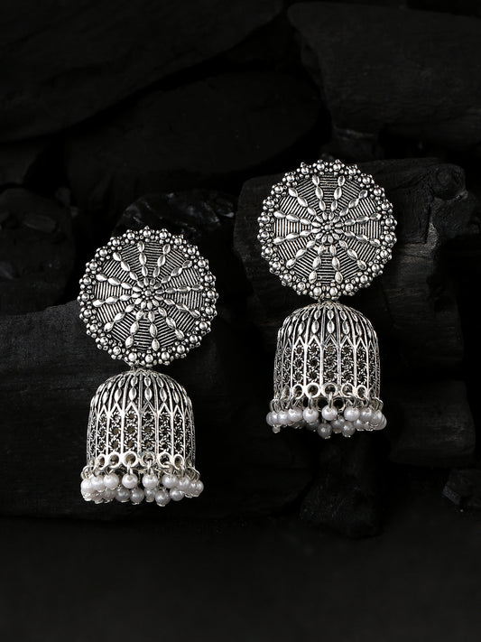NVR Silver toned dome shaped jhumkas earrings