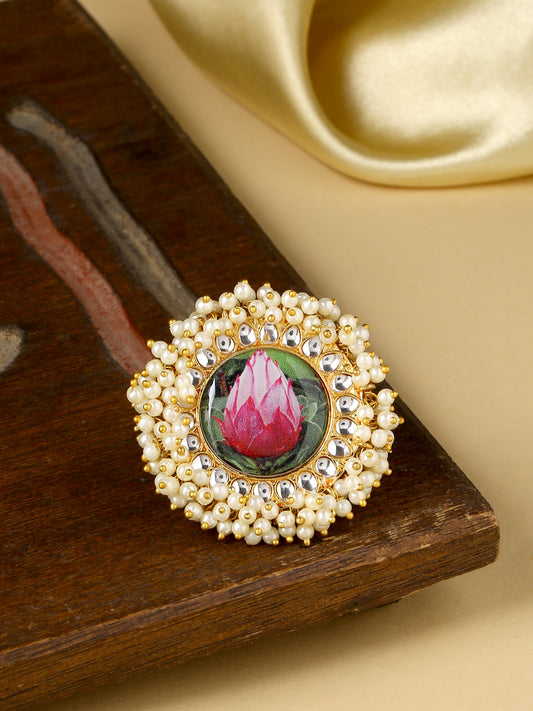 NVR Women Gold plated white and pink Kundan stone studded and beaded adjustable finger ring.