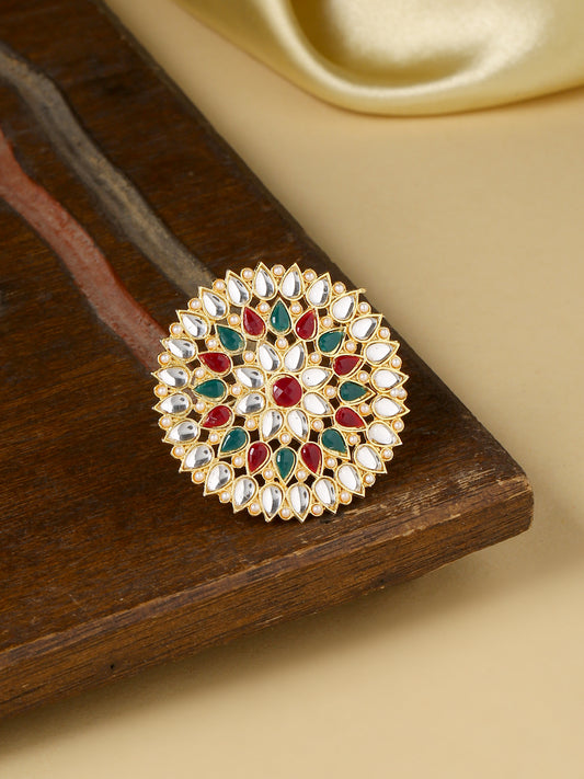 NVR Women Gold plated red and green Kundan stone studded minakari adjustable finger ring.