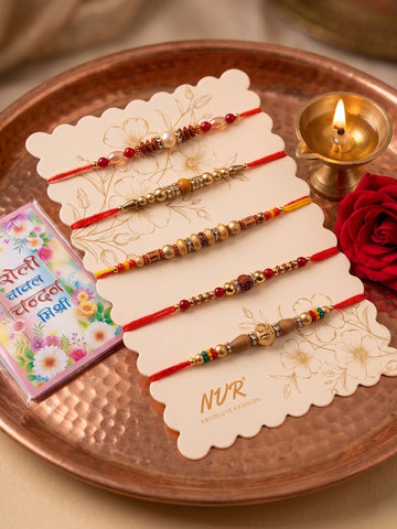 NVR Set of 5 Multicolor Designer Thread Rakhi with Roli Chawal Chandan Mishri