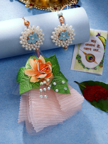 NVR Unisex Set of 2 Peach Floral Design Pearl Beaded Bhaiya Bhabi Rakhi With Roli Chawal & Chocolate