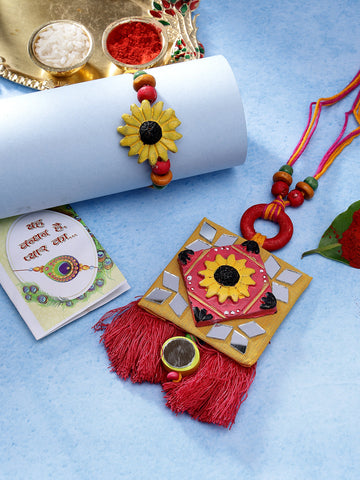 NVR Unisex Set of 2 Red & Yellow Mirror Work Handcrafted Bhaiya Bhabi Rakhi With Roli Chawal & Chocolate