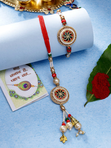 NVR Unisex Set of 2 Gold-Toned Stone-Studded & Beaded Bhaiya Bhabi Rakhi With Roli Chawal & Chocolate