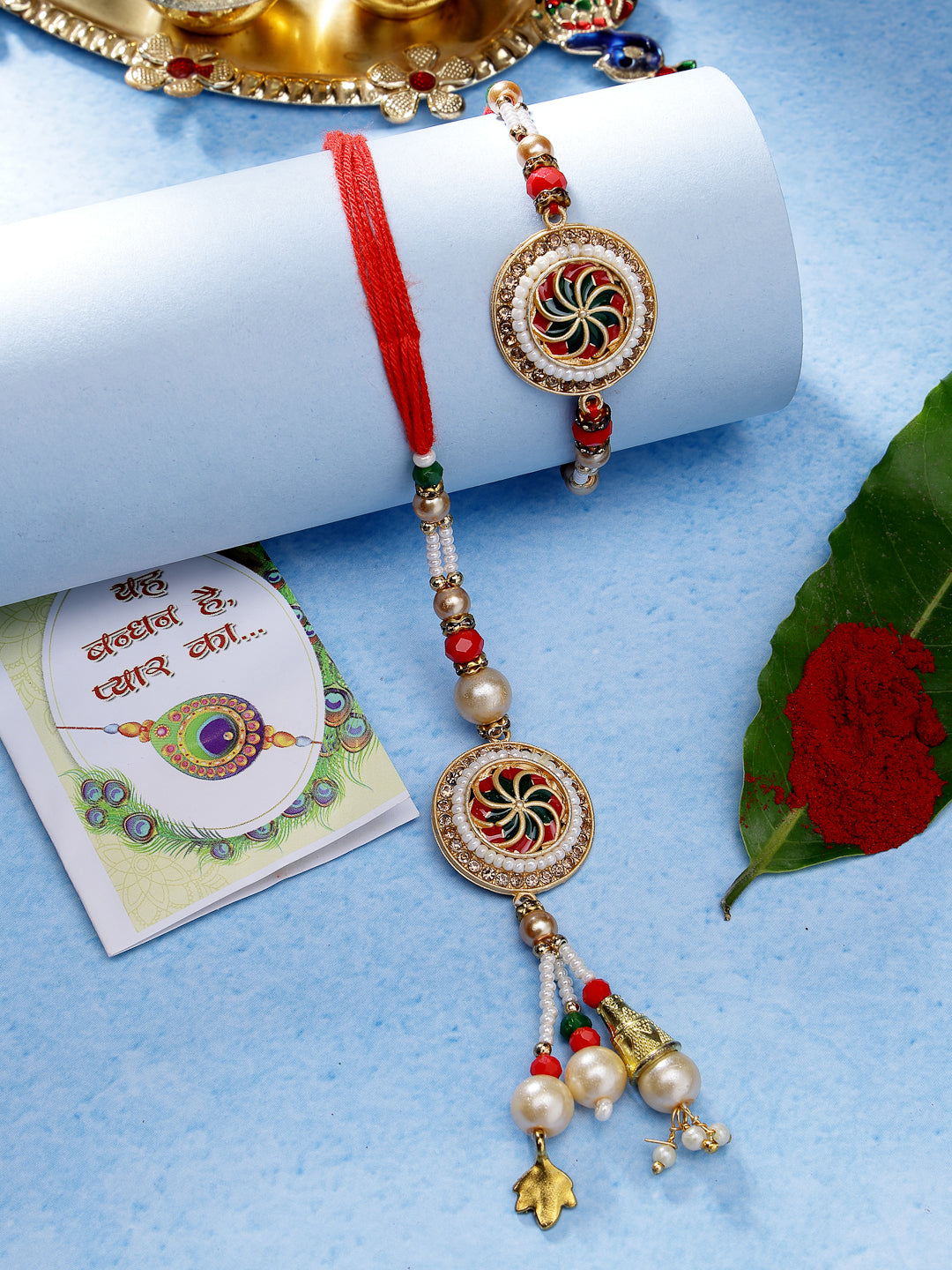 NVR Unisex Set of 2 Gold-Toned Stone-Studded & Beaded Bhaiya Bhabi Rakhi With Roli Chawal