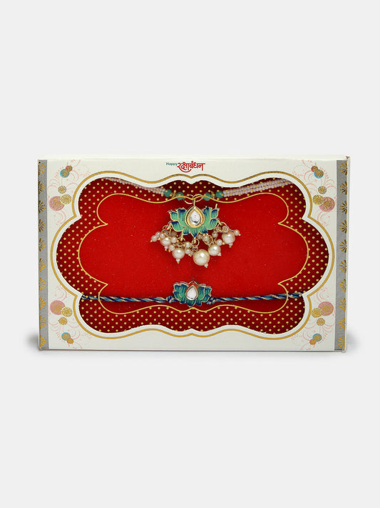 NVR Unisex Set of 2 Turquoise Blue Lotus Shape Kundan-Studded & Beaded Rakhi Set With Roli Chawal & Chocolate