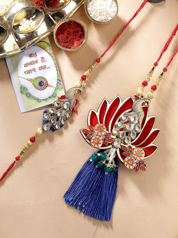 NVR Unisex Set of 2 Gold-Toned Peacock Design Stone-Studded Bhaiya Bhabhi Rakhi With Roli Chawal