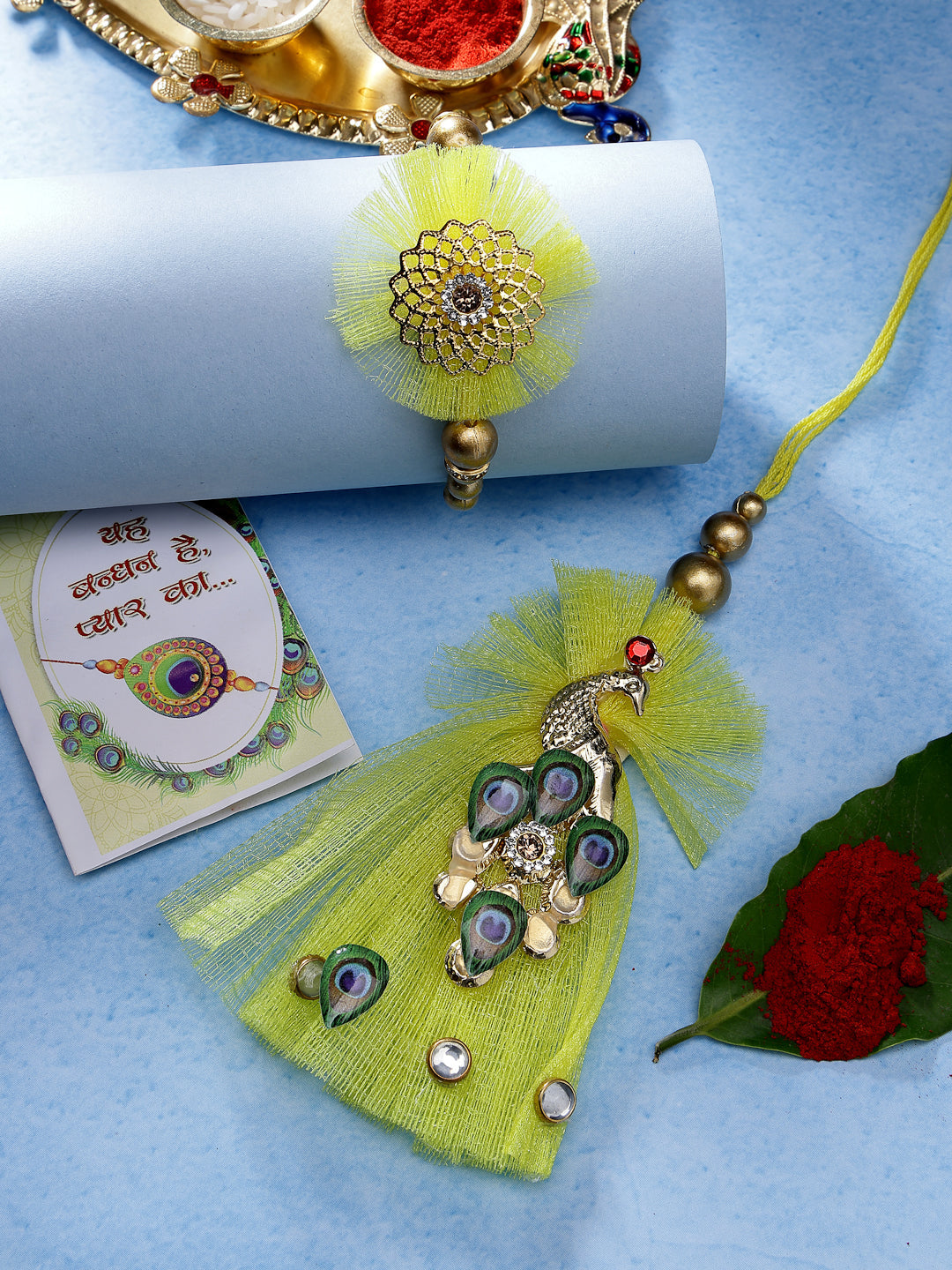 NVR Unisex Set of 2 Yellow Peacock Design Bhaiya Bhabhi Rakhi With Roli Chawal & Chocolate