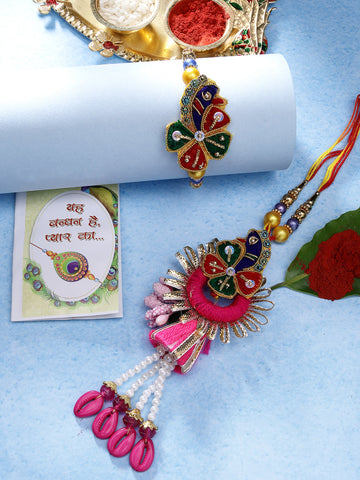 NVR Unisex Set of 2 Multicolor Thread Work & Beaded Bhaiya Bhabhi Rakhi With Roli Chawal & Chocolate