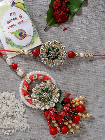 NVR Unisex Set of 2 Red & Gold Toned Stone-Studded & Beaded Bhaiya Bhabhi Rakhi With Roli Chawal & Chocolate