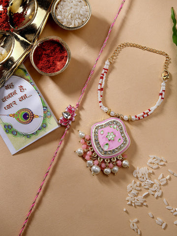 NVR Unisex Set of 2 Pink Lotus Shape Kundan Stone-Studded & Beaded Bhaiya Bhabhi Rakhi With Roli Chawal & Chocolate