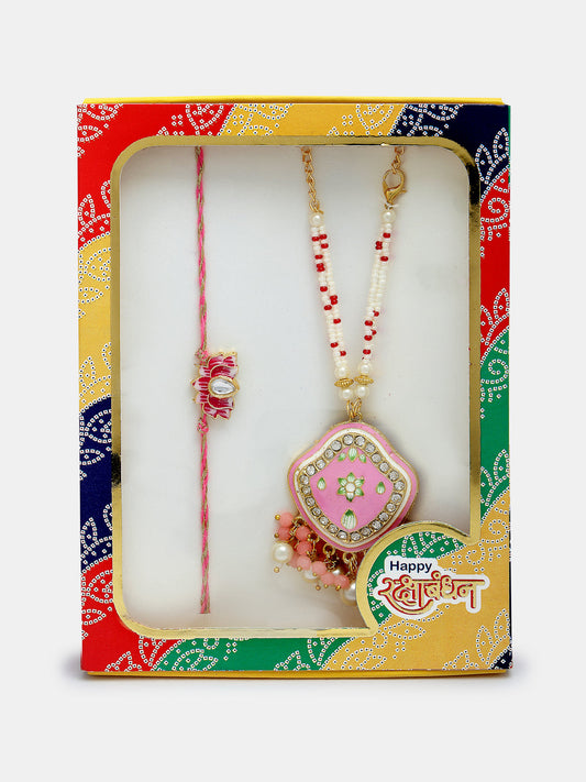 NVR Unisex Set of 2 Pink Lotus Shape Kundan Stone-Studded & Beaded Bhaiya Bhabhi Rakhi With Roli Chawal & Chocolate