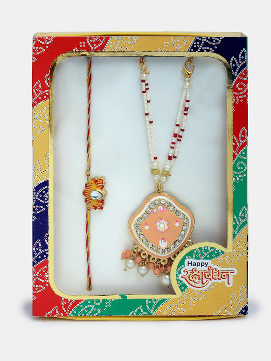 NVR Unisex Set of 2 Peach Lotus Shape Kundan Stone-Studded & Beaded Bhaiya Bhabhi Rakhi With Roli Chawal & Chocolate