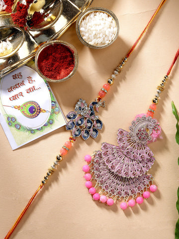 NVR Unisex Set of 2 Multicolor Peacock Design Stone-Studded & Beaded Bhaiya Bhabhi Rakhi With Roli Chawal & Chocolate