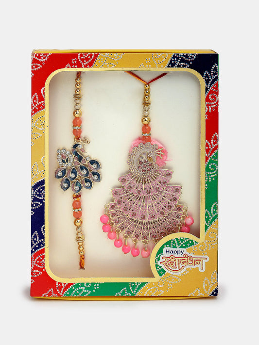 NVR Unisex Set of 2 Multicolor Peacock Design Stone-Studded & Beaded Bhaiya Bhabhi Rakhi With Roli Chawal & Chocolate