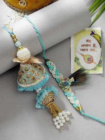 NVR Unisex Set of 2 Blue Krishna Pearl Bhaiya Bhabhi Rakhi With Roli Chawal & Chocolate