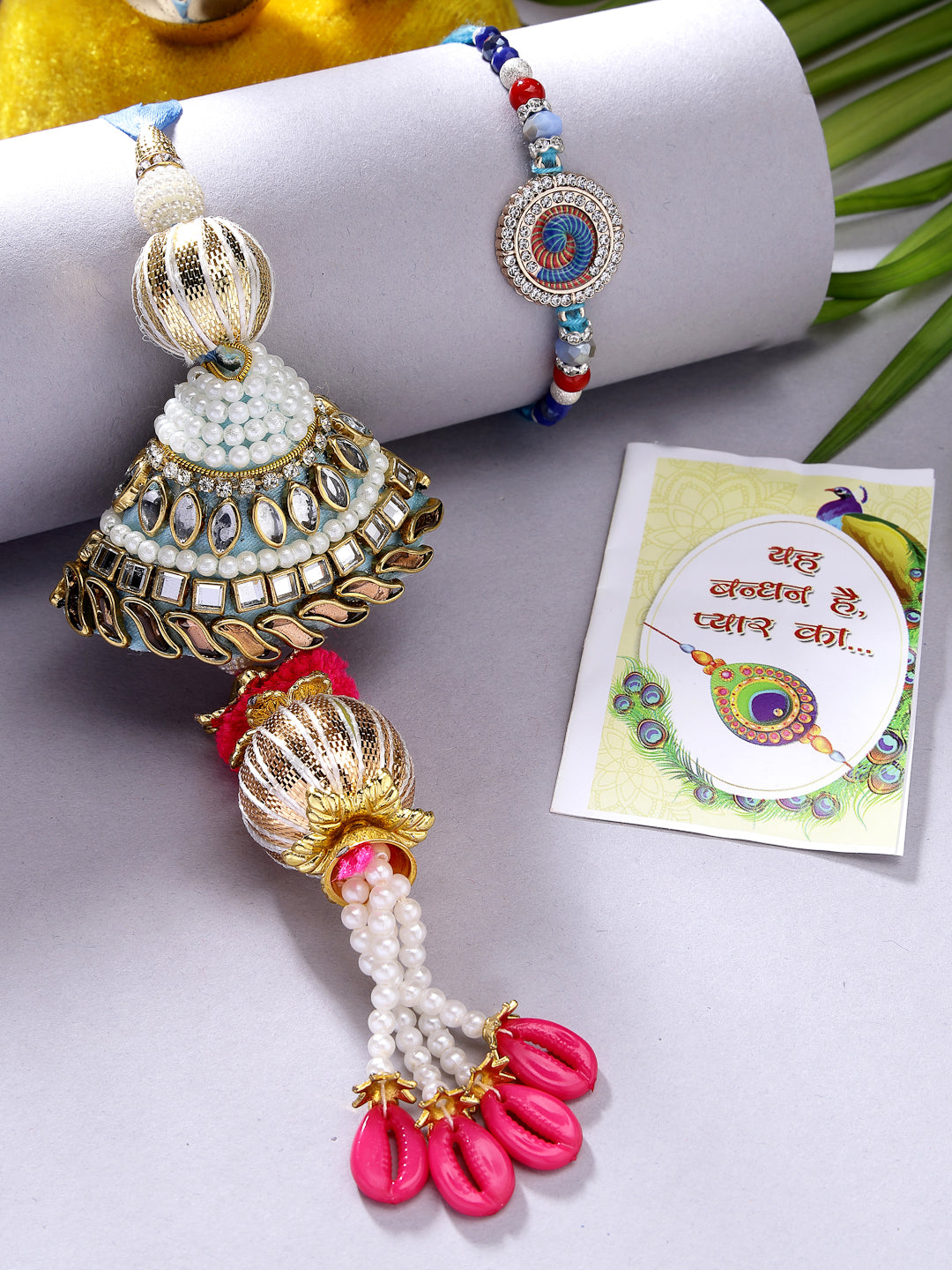 NVR Unisex Set of 2 Blue Kundan-Studded & Beaded Bhaiya Bhabhi Rakhi With Roli Chawal & Chocolate