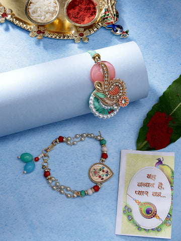 NVR Unisex Set of 2 Multicolor Stone-Studded & Beaded Bhaiya Bhabhi Rakhi With Roli Chawal