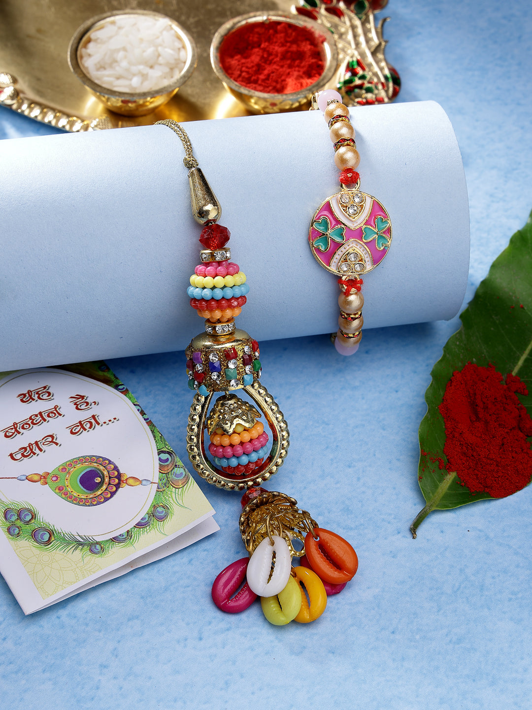 NVR Unisex Set of 2 Multicolor Artificial beads Bhaiya Bhabhi Rakhi With Roli Chawal & Chocolate