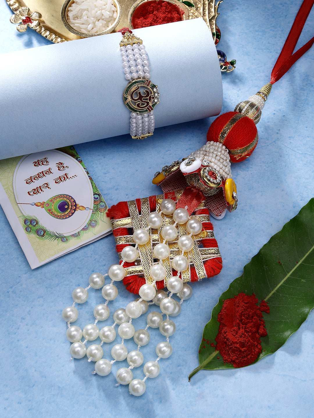 NVR Unisex Set of 2 White Pearl Bhaiya Bhabhi Rakhi With Roli Chawal & Chocolate