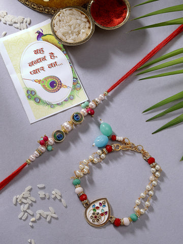 NVR Unisex Set of 2 Multicolor Artificial Beads Bhaiya Bhabhi Rakhi With Roli Chawal & Chocolate