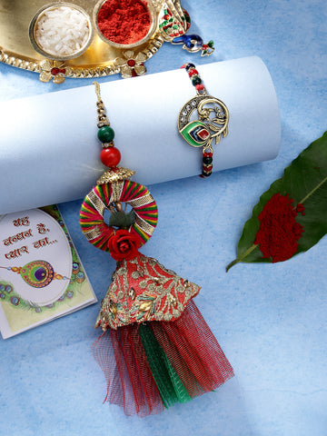 NVR Unisex Set of 2 Multicolor Peacock Design Bhaiya Bhabhi Rakhi With Roli Chawal & Chocolate