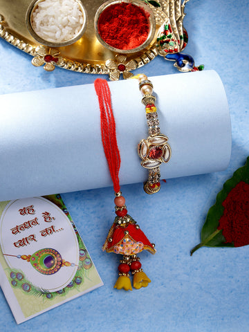 NVR Unisex Set of 2 Red & Gold-Toned Stone-Studded Bhaiya Bhabhi Rakhi With Roli Chawal & Chocolate