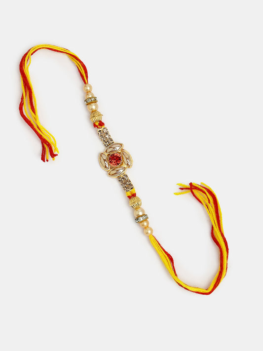 NVR Unisex Set of 2 Red & Gold-Toned Stone-Studded Bhaiya Bhabhi Rakhi With Roli Chawal & Chocolate