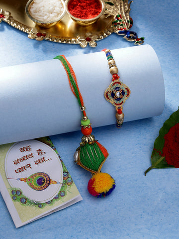 NVR Unisex Set of 2 Multicolor Beaded Bhaiya Bhabhi Rakhi With Roli Chawal & Chocolate