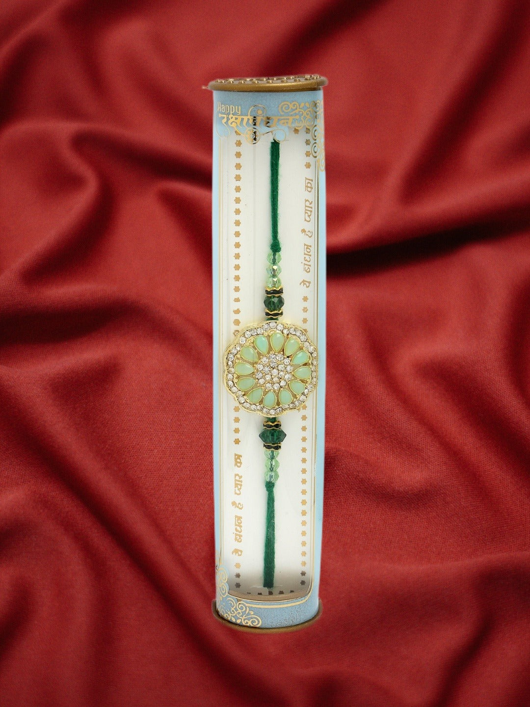 NVR Men Green Stone-Studded Rakhi With Roli Chawal