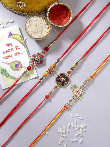 NVR Men Set of 4 Multicolor Stone-Studded Rakhi With Roli Chawal & Chocolate