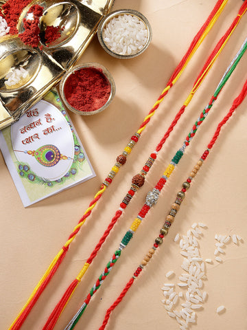 NVR Unisex Set of 4 Multicolor Artificial stone and beads Rakhi With Roli Chawal & Chocolate