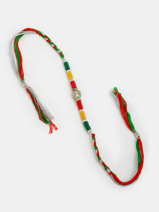 NVR Unisex Set of 4 Multicolor Artificial stone and beads Rakhi With Roli Chawal & Chocolate