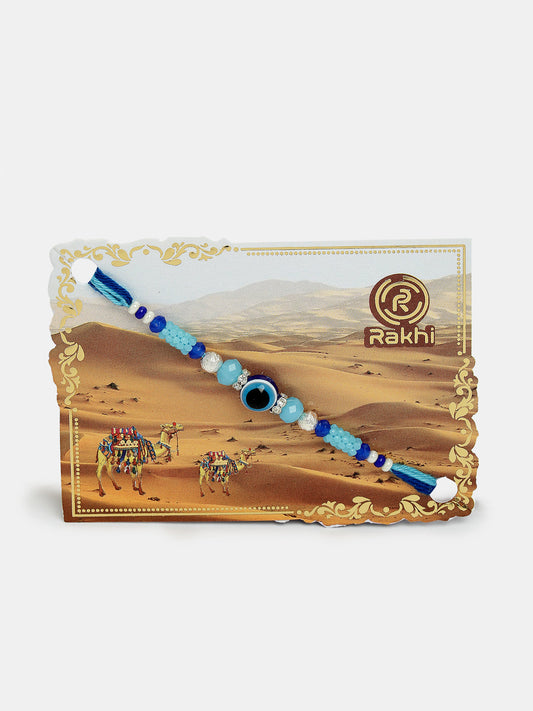 NVR Unisex Set of 4 Blue Evil Eye Charm Rakhi With Roli Chawal & Chocolate