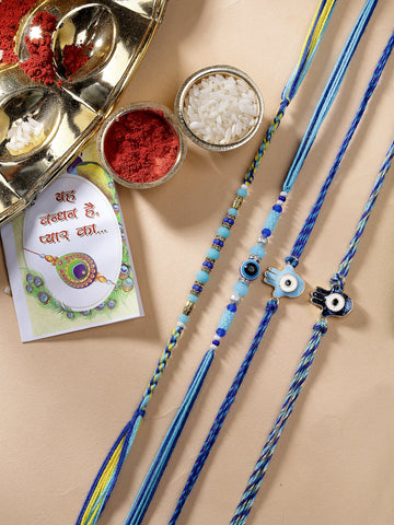 NVR Unisex Set of 4 Blue Evil Eye Charm Rakhi With Roli Chawal