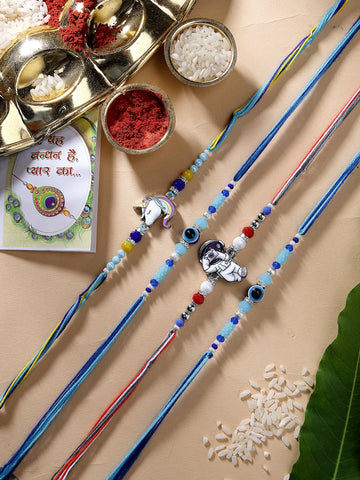 NVR Kids Set of 4 Multicolor Evil Eye & Artificial stone and beads Rakhi With Roli Chawal & Chocolate