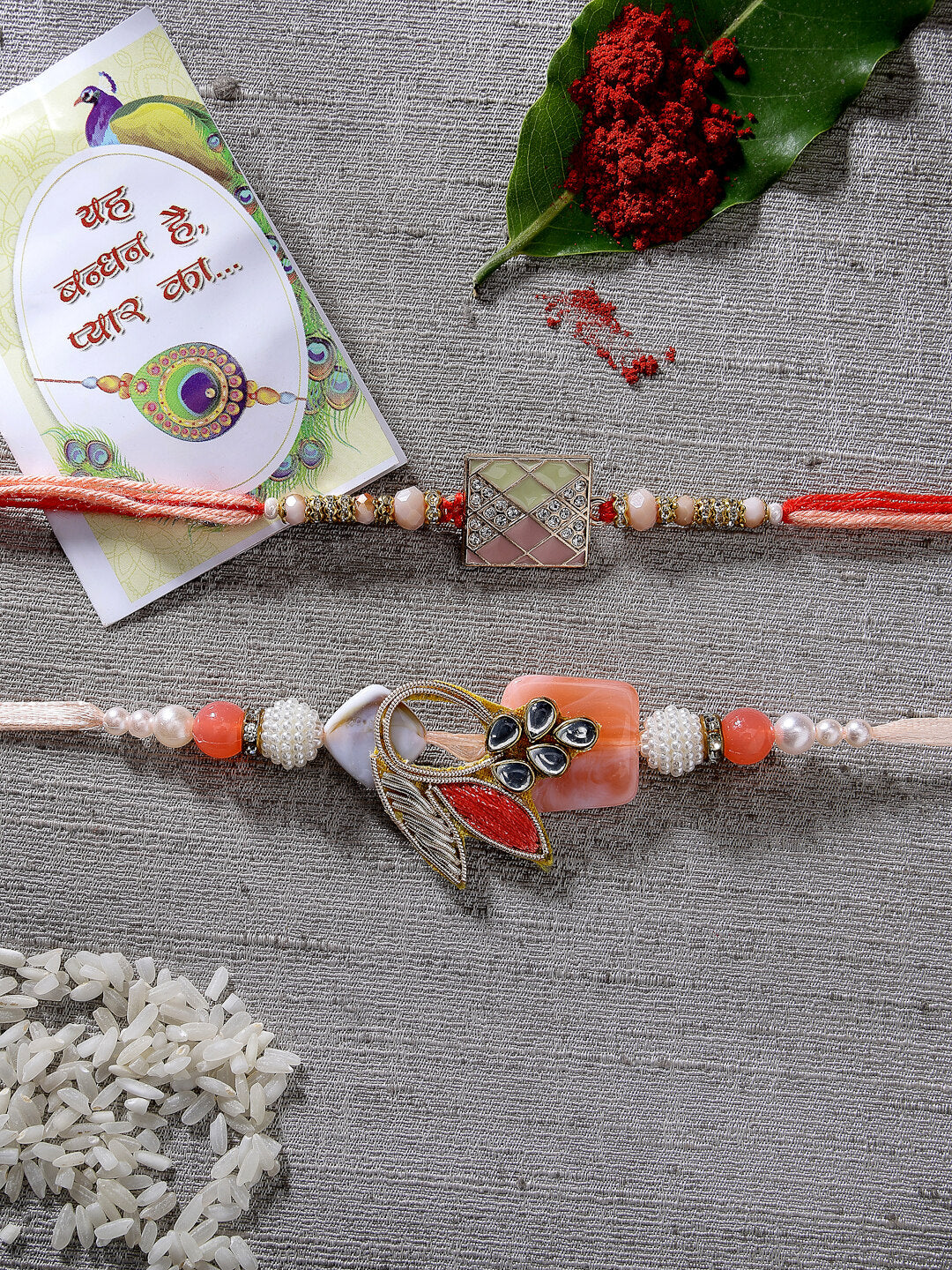 NVR Men Set of 2 Multicolor Stone-Studded Rakhi With Roli Chawal & Chocolate