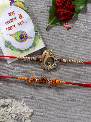 NVR Men Set of 2 Gold-Toned Ganesha Stone-Studded Rakhi With Roli Chawal & Chocolate