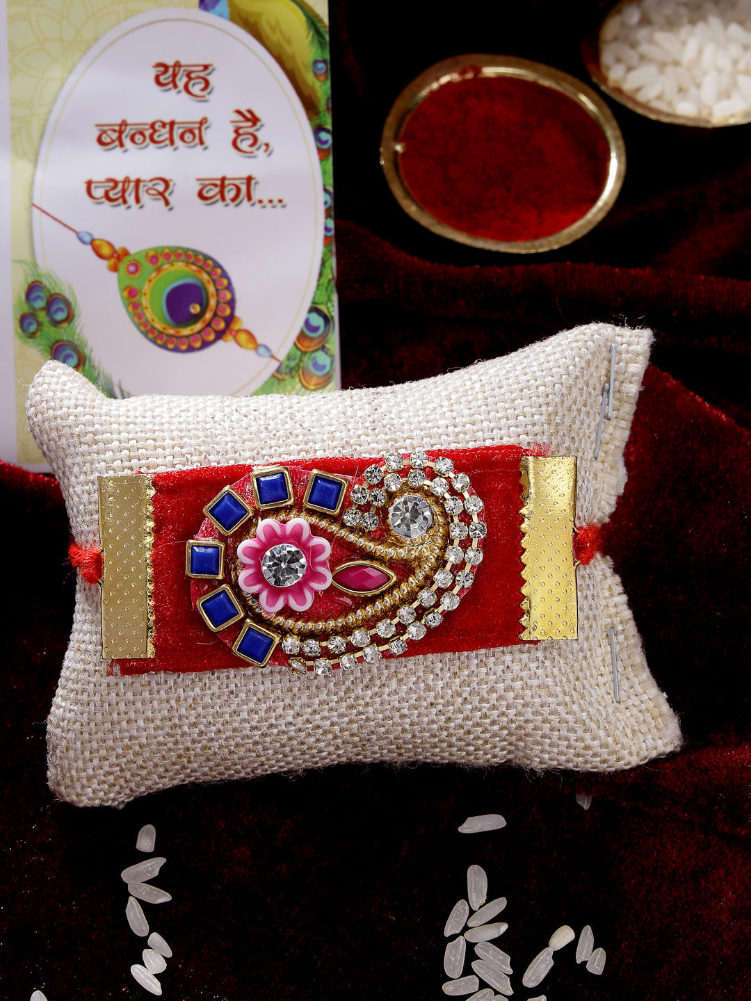 NVR Men Red Stone-Studded Rakhi With Roli Chawal & Chocolate