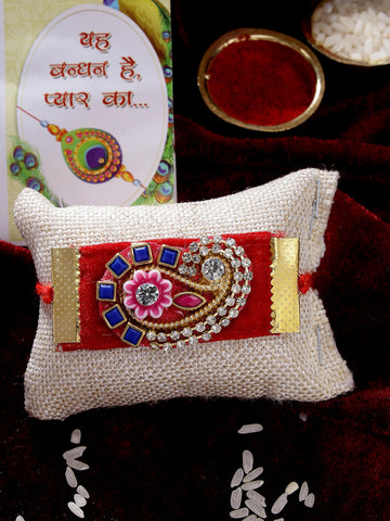 NVR Men Red Stone-Studded Rakhi With Roli Chawal & Chocolate