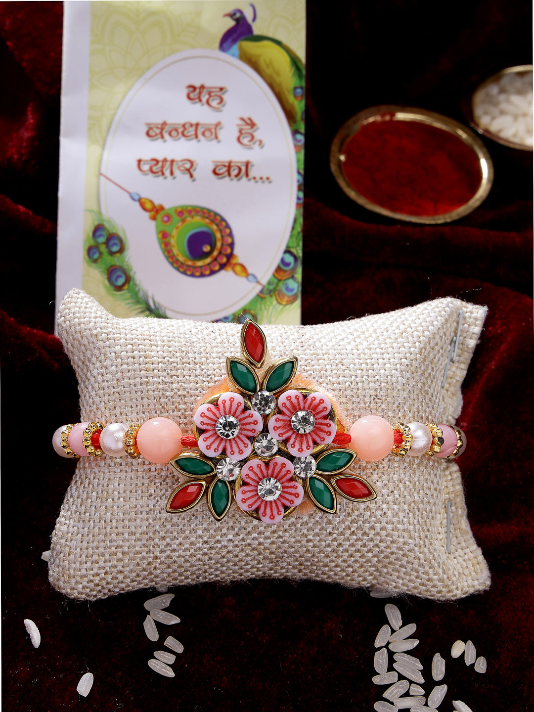 NVR Men Pink Floral Shape Stone-Studdded & Beaded Rakhi With Roli Chawal & Chocolate