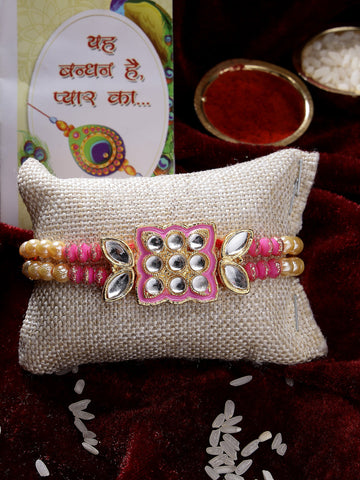 NVR Men Pink & Gold-Toned Kundan-Studded Rakhi With Roli Chawal & Chocolate