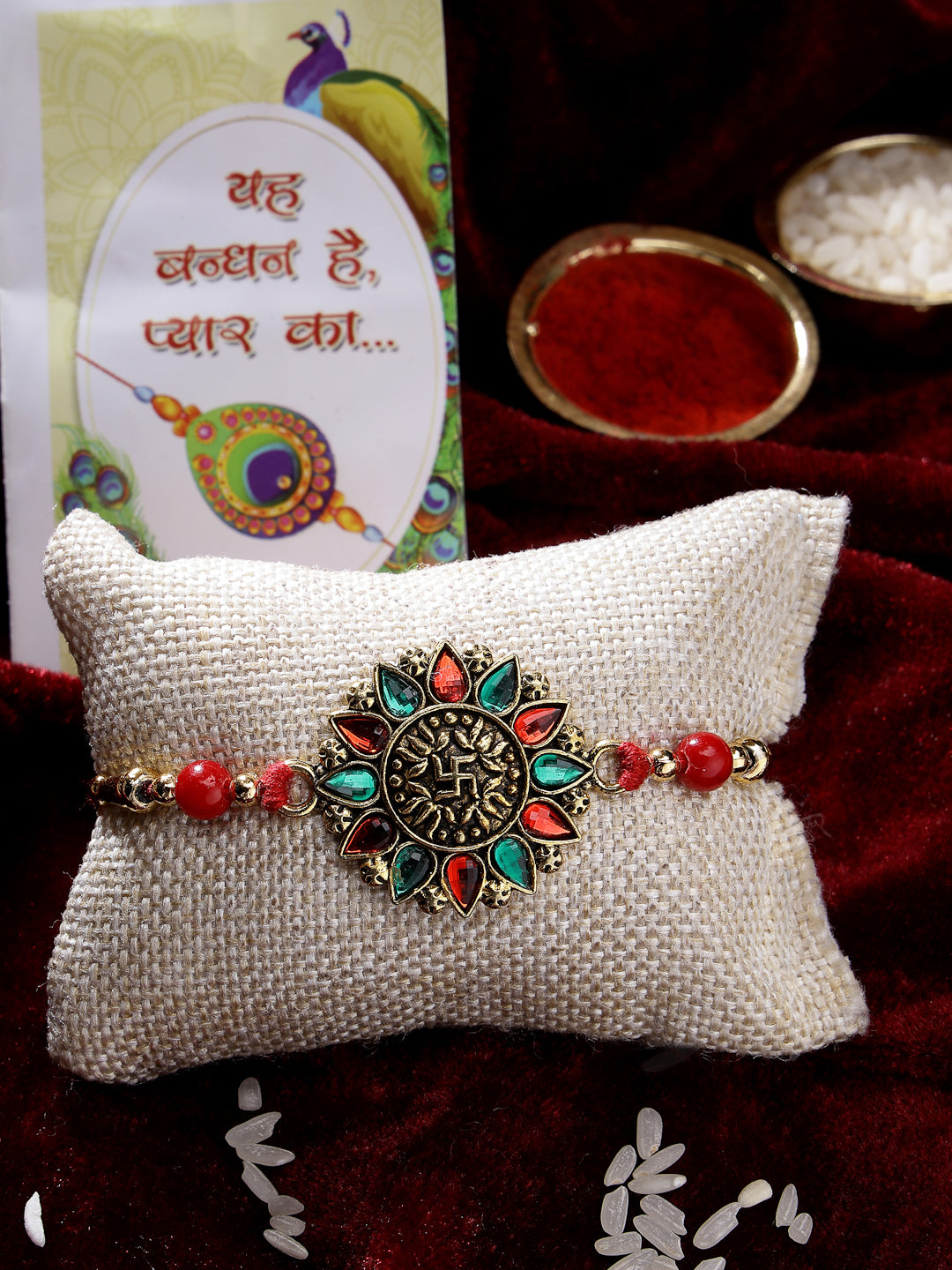 NVR Men Red & Gold-Toned Stone-Studded Rakhi With Roli Chawal & Chocolate