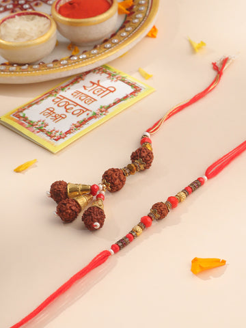 NVR Set of 2 Multicolor Rudraksh & Beads Bhaiya Bhabhi Rakhi with Roli Chawal Chandan & Mishri