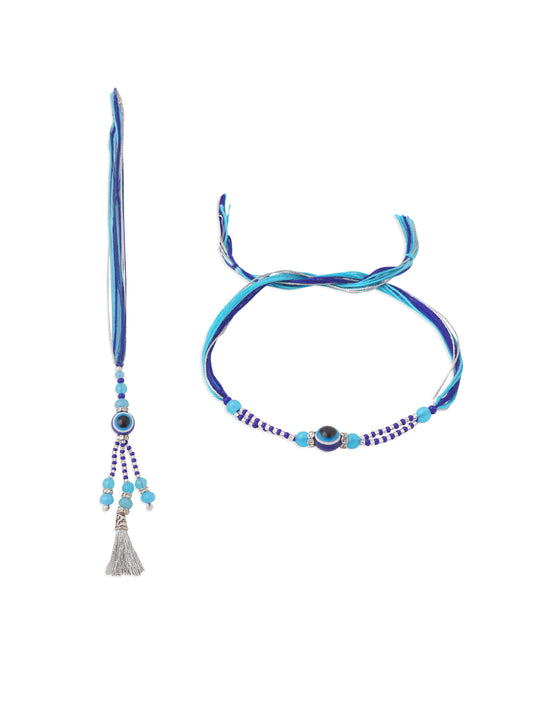 NVR Set of 2 Blue Evil Eye Artificial Beads Bhaiya Bhabhi Rakhi Combo
