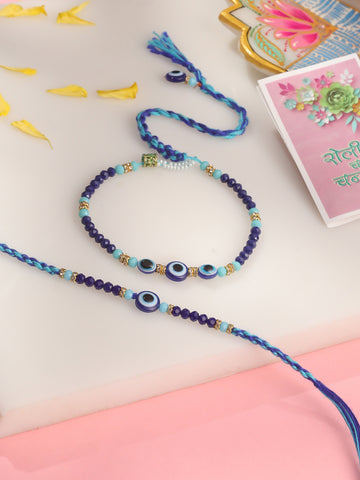 NVR Set of 2 Blue Evil Eye Artificial Beads Bhaiya Bhabhi Rakhi with Roli Chawal Chandan & Mishri