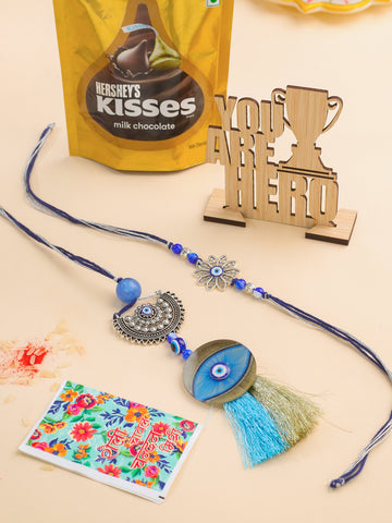 NVR Set of 2 Blue Evil Eye Artificial Beads Bhaiya Bhabhi Rakhi Combo